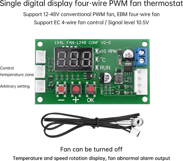 Gaqqee PWM Lüfter Drehzahlregler für DC12-48V mit Temperatursteuerung, unterstützt EC- und EBM-Lüfter Start/Stopp, Farbe: grün - Bild 1