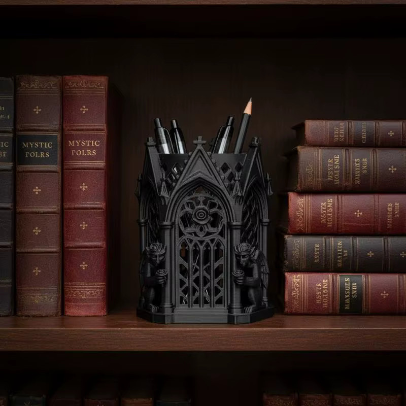 Gotischer Totenkopf-Stifthalter aus schwarzem Resin als Schreibtisch-Organizer - Bild 2