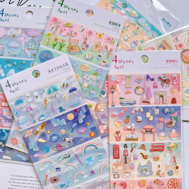 Vergoldete Scrapbooking Sticker mit Vier-Jahreszeiten-Landschaften und Reise-Motiven in Gold und Multicolour für dein DIY Journal und Schulbedarf - Bild 1
