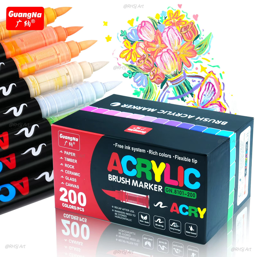 Professionelles Acryl-Markierstift-Set mit 200 Farben und weicher Pinselspitze, schnell trocknende wasserbasierte Tinte für Stein, Kunststoff, Holz, Leinwand und Glas, Mehrfarbig - Bild 2