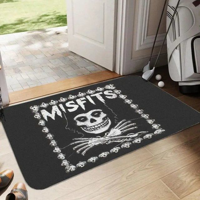VIKAMA Horror Skelett Teppich in Schwarz im Gothic-Stil als rutschfeste Badezimmer-Fußmatte für deine Halloween-Dekoration - Bild 1