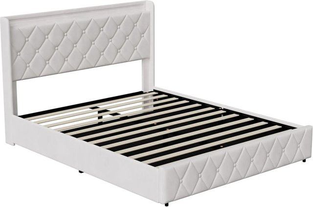 PXloue Polsterbett Beige mit LED-Beleuchtung, USB-Ladestation und Schubladen, B/T/H: 144 x 213 x 112 cm - Bild 1