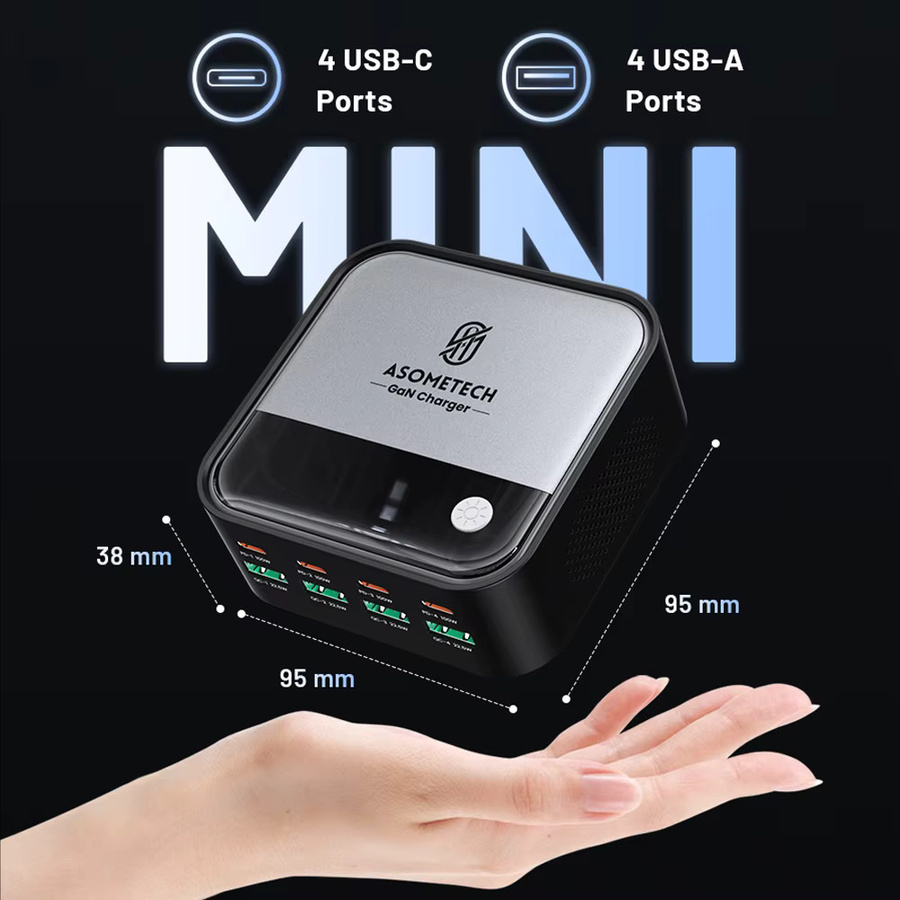ASOMETECH GaN USB C Desktop Ladegerät mit 8 Ports und Display, 4x 100W PD PPS Schnellladegerät in Schwarz - Bild 5