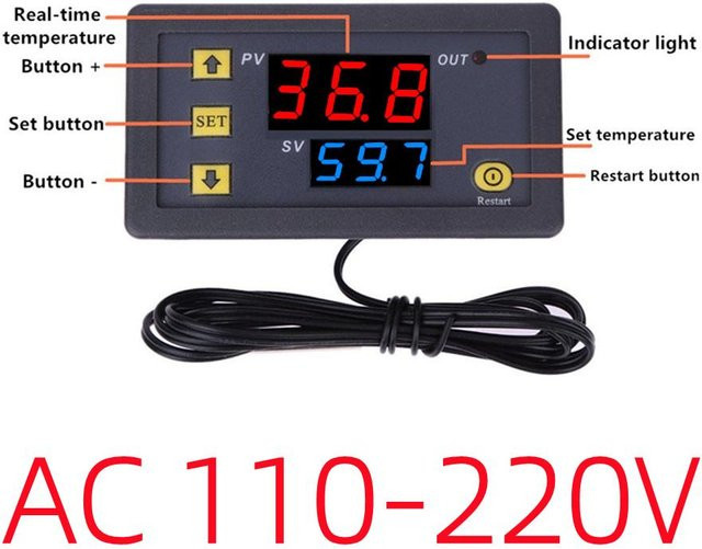 YJMP W3230 Digitaler Temperaturregler mit LED-Anzeige in Schwarz, Mikrocomputer-Thermostatschalter zur Wärme- und Kühlsteuerung mit Sensor, 110-220V - Bild 1