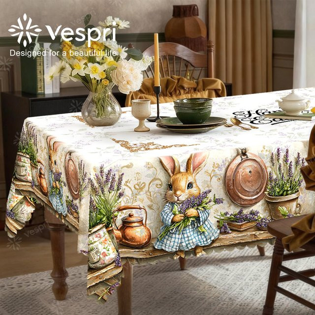 Vespri Oster-Tischdecke mit Hasen- und Lavendel-Print in Weiß und Lila für deine Party-Tischdekoration - Bild 1