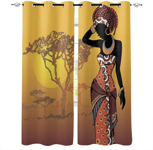 Yiran Furniture Vorhänge mit afrikanischem Frauenmotiv in Multicolour, 2er-Set aus Polyester, Breite: 60 cm, Höhe: 100 cm - Bild 1
