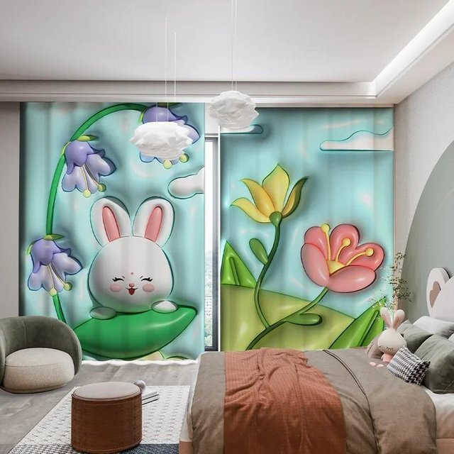 Yiran Furniture Verdunkelungsvorhang mit Cartoon Kaninchen und Wolken Design, Blau, B: 55 cm, H: 120 cm, 2er Set mit Ösen - Bild 1