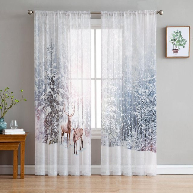 Weihnachtsbaum und Hirsch Motiv Chiffon Gardine Transparent in Weiß mit Ösen B: 135 cm, H: 137 cm - Bild 1