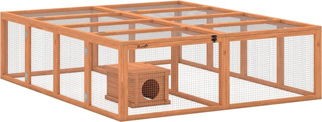 PawHut Freilaufgehege aus Holz mit Unterschlupfhaus und 2 Türen für Zwergkaninchen und Meerschweinchen, Orange, B/T/H: 180,4 x 150 x 48 cm - Bild 1
