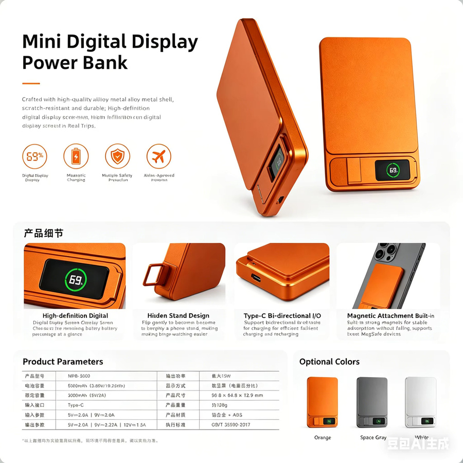 Taepiaai MagSafe Powerbank 10000mAh in Orange, Kabelloses 20W Magnetisches Schnell-Ladegerät und Tragbare Externe Batterie für iPhone und Samsung - Bild 2