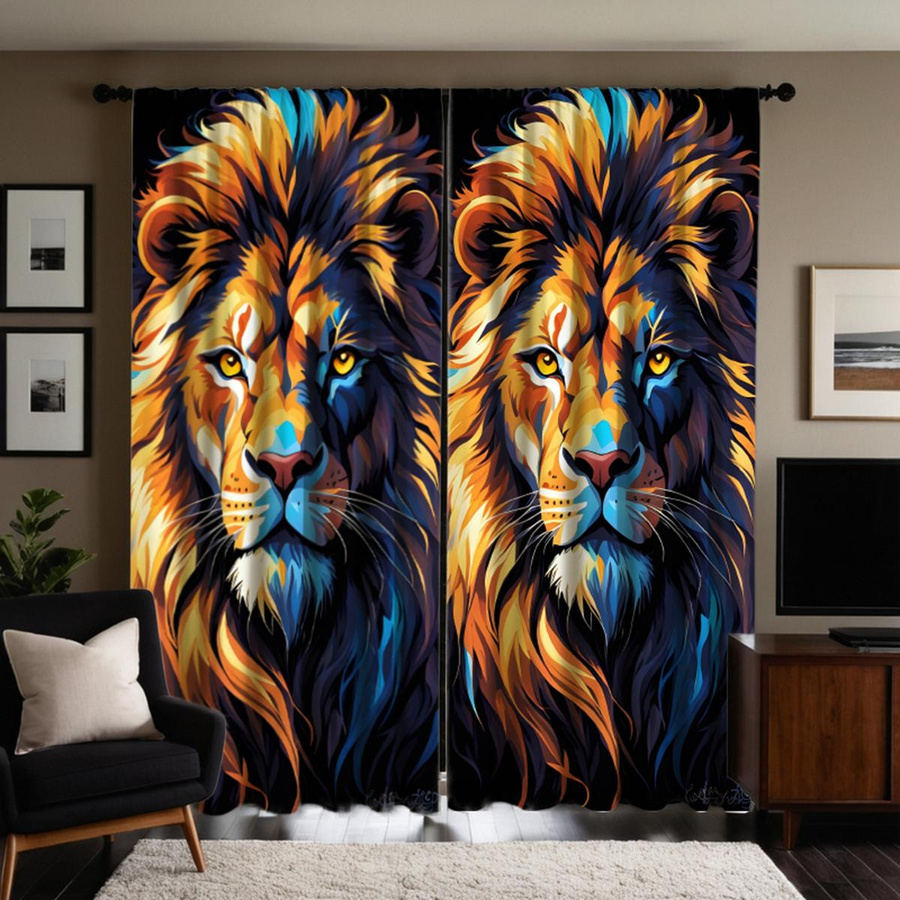 2 Stück dekorative Vorhänge mit Afrikanischem Löwe Motiv in Gelb, digital bedruckt, semi-transparent, B: 132 cm, H: 160 cm - Bild 3