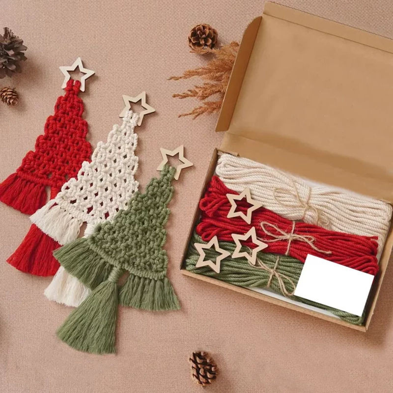 3er Set DIY Makramee Weihnachtsbaum Wandbehang aus Baumwolle im Bohemian Stil, mehrfarbig - Bild 1