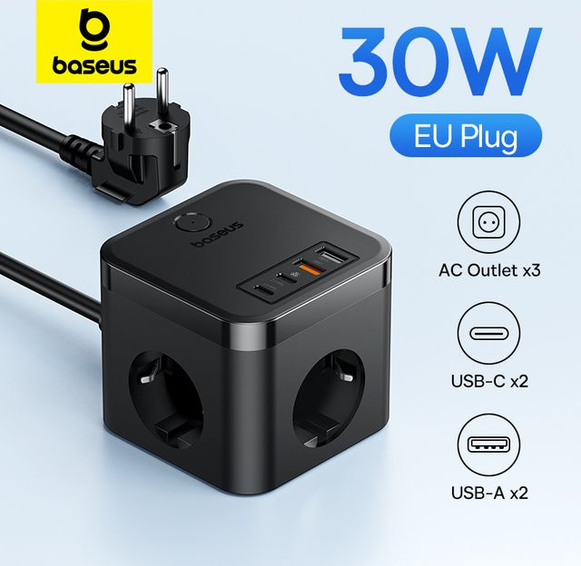 Baseus PowerCombo Cube Verlängerungskabel mit 3 Schuko-Steckdosen, 2 USB-A und 2 USB-C, Schwarz - Bild 2