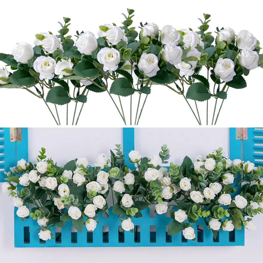 3er-Set Uflower Seidenrosenstrauß mit Eukalyptus in Beige und Weiß, Kunstblumen für Tischdekoration, Höhe: 30 cm - Bild 2