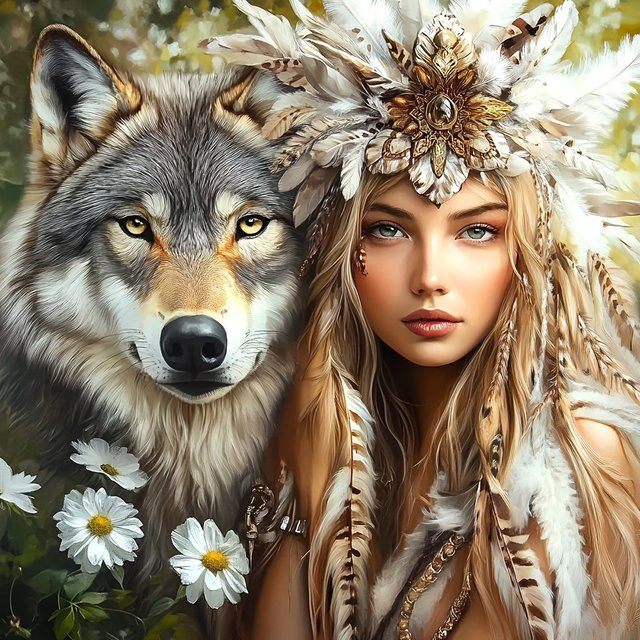 EverShine 5D Diamant-Stickerei-Set Wolf und Frau mit Federn im Boho-Stil, Multicolour, B/H: 20 x 20 cm - Bild 1