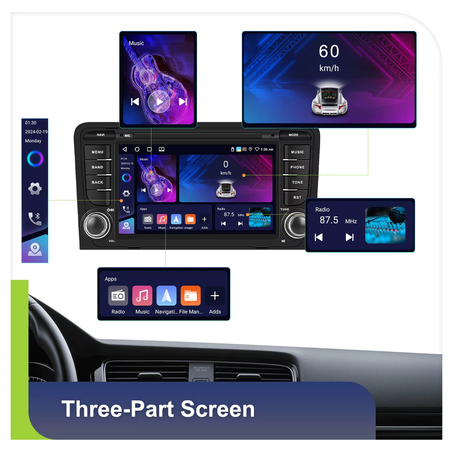 Podofo 7-Zoll Android Autoradio für Audi A3 8P (2003-2012) mit CarPlay, GPS-Navigation, WIFI, Bluetooth und FM/RDS in Schwarz - Bild 5