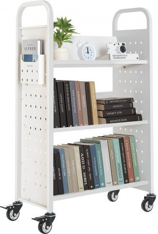 VEVOR Bücherwagen aus Kohlenstoffstahl mit einseitigem V-förmigem Bücherregal und Doppelbremsrollen, Weiß, B/T/H: 77 x 38 x 122 cm - Bild 1