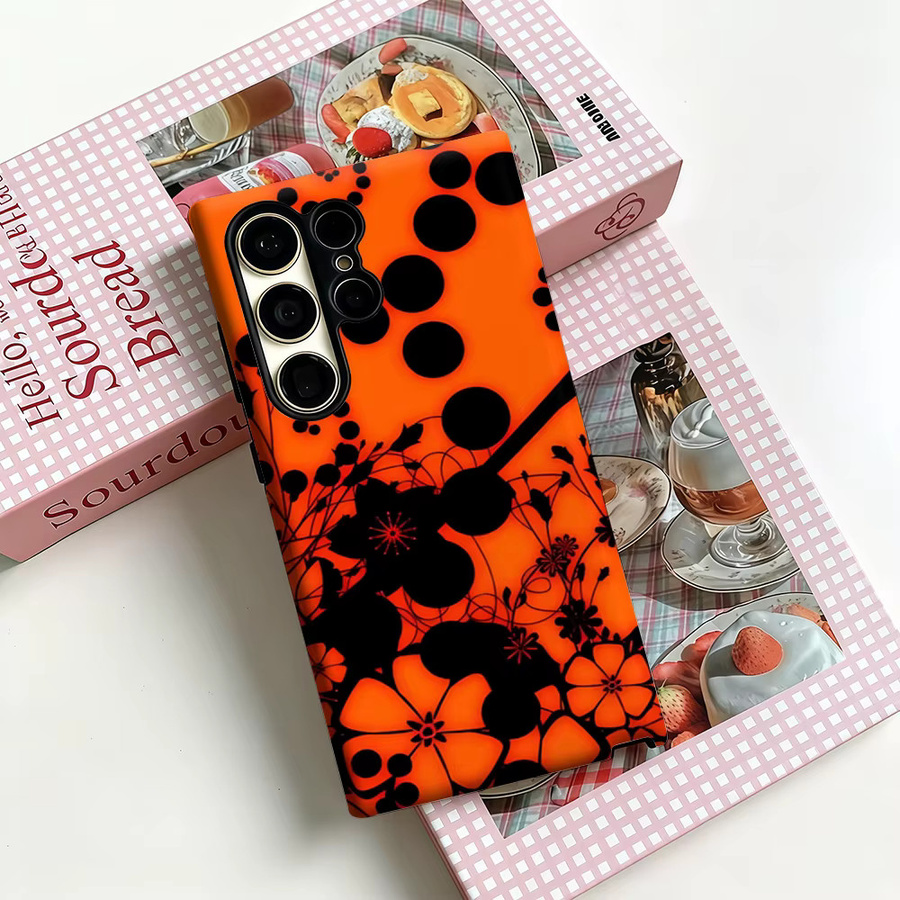 Stoßfeste Doppelschicht Handyhülle mit Blumenpunkten in Orange und Schwarz für Samsung Galaxy S25 Ultra, S24 und S23 Ultra Plus - Bild 3