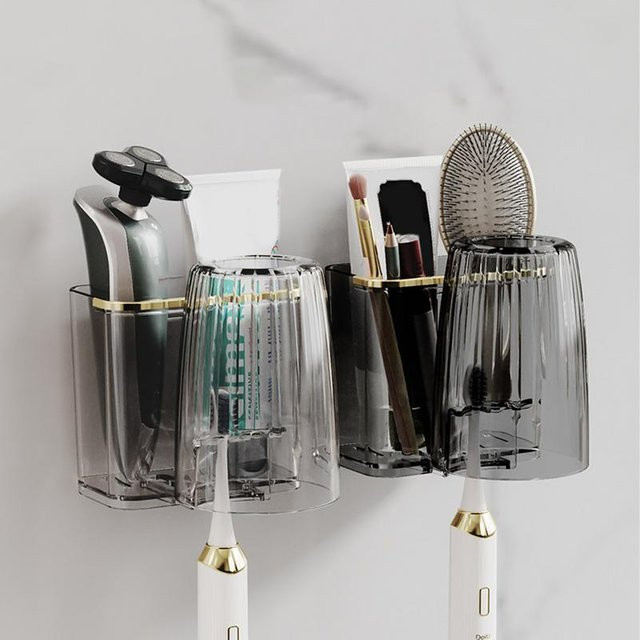 Keeeper Zahnbürstenhalter und Zahnpasta-Haken Set für das Badezimmer, Wandhalterung aus Kunststoff in Grau und Transparent - Bild 1