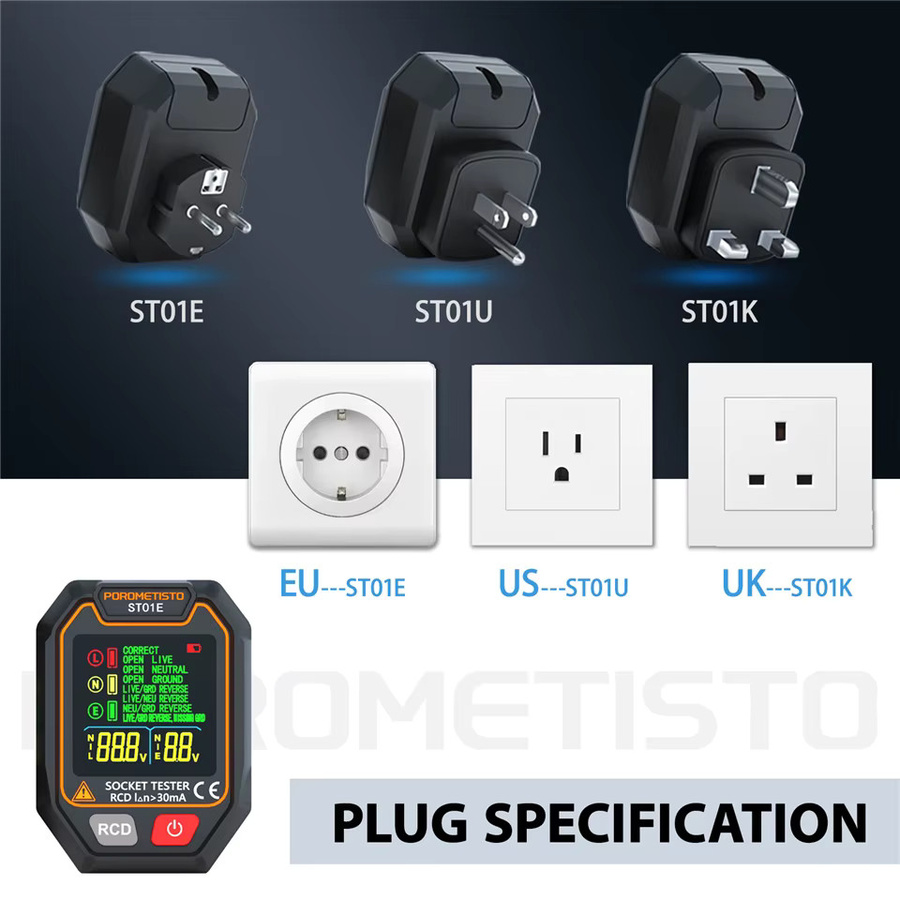 POROMETISTO ST01 Digitaler Steckdosentester mit Farbbildschirm in Schwarz, Schaltungsprüfer und RCD-Steckdosendetektor mit Data Hold und Polaritätstester (UK/EU/US) - Bild 4