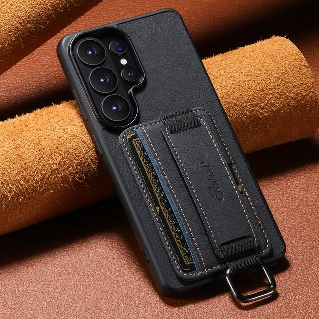 Samsung Kunstleder Handyhülle mit Kickstand, Handschlaufe und Brieftaschenfunktion in Schwarz für Galaxy S26 Ultra S25 Plus S24 S23 S22 Note20 Ultra - Bild 1