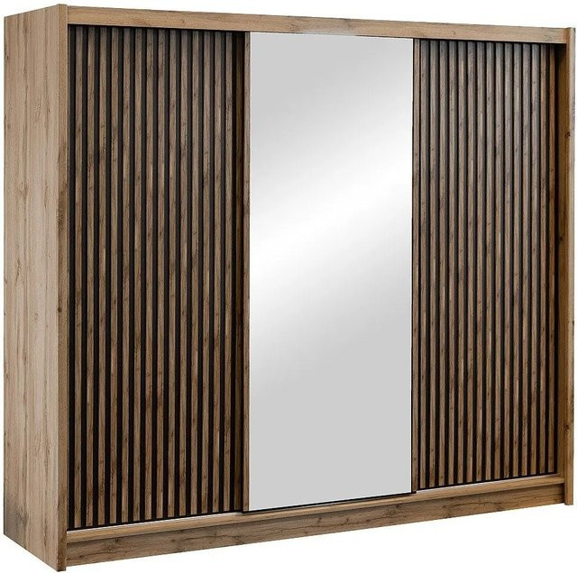Vente-unique Kleiderschrank Calowi mit Schiebetüren und Spiegel in Natur, Schwarz und Braun, B: 250 cm, H: 215 cm, T: 60,5 cm - Bild 1