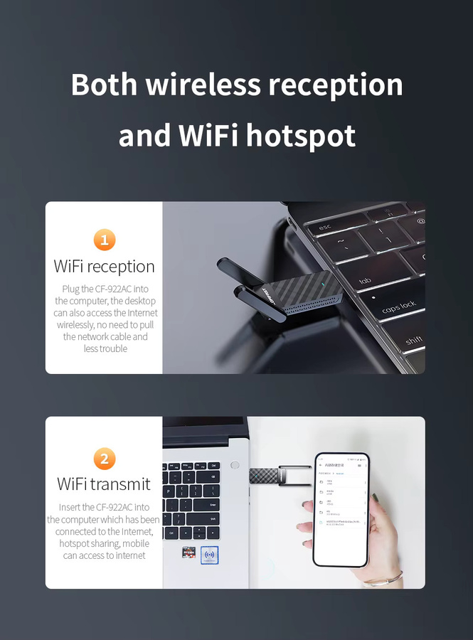 COMFAST 1200M WLAN-USB-Adapter Dual-Band 5GHz mit Ethernet LAN Netzwerkkarte MT7612U Drahtloser Netzwerkempfänger in Schwarz für Linux - Bild 2