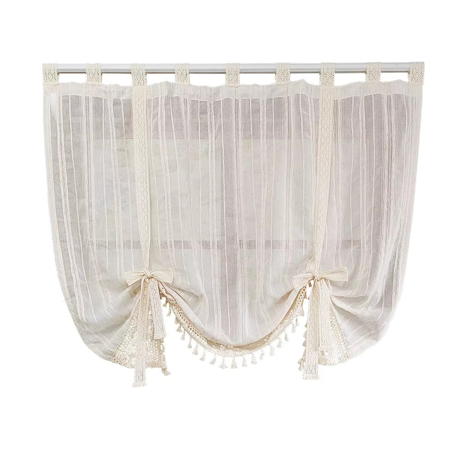 Transparenter Vintage-Vorhang mit Häkelspitze und Quastendekoration, gestreift, in Beige und Weiß, für Küche, Tür und Fenster, rustikale Heimdekoration - Bild 3