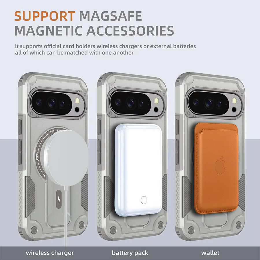 Military Armor Anti-Drop Handyhülle mit magnetischem Ständer für Google Pixel 10 Pro XL und Pixel 9 Pro XL, MagSafe Wireless Charging kompatibel, Grau - Bild 3