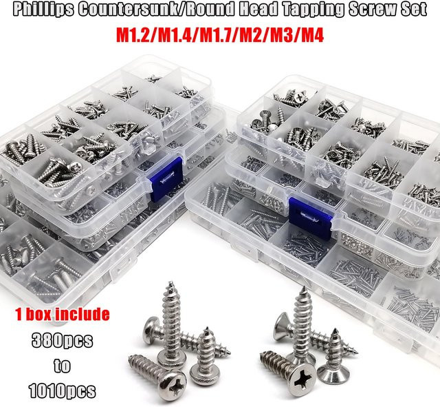 HZYUEGOU Micro Selbstschneidendes Holzschraubenset aus Edelstahl in Silber, Set für Spielzeugautos und Elektronik, M1.2 M1.4 M1.7 M2 M3 M4 - Bild 1