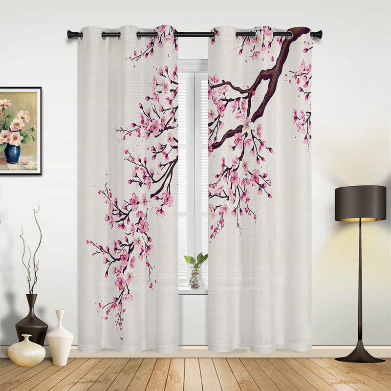 Super Six Sakura Fenstervorhänge im japanischen Stil mit floralem Design, Weiß, B: 135 cm, H: 135 cm, 2er-Set - Bild 2