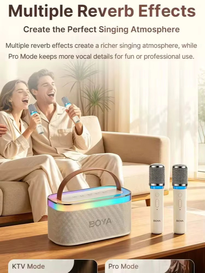 BOYA KM6 Kabellose Karaoke-Maschine mit 2 Mikrofonen, tragbarer Bluetooth-Lautsprecher mit RGB-Licht in Weiß - Bild 4