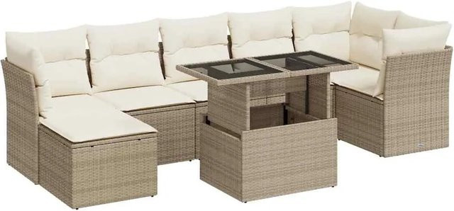 vidaXL 8-teilige Garten-Sofagarnitur in L-Form aus Poly-Rattan mit Kissen in Beige-Creme - Bild 1