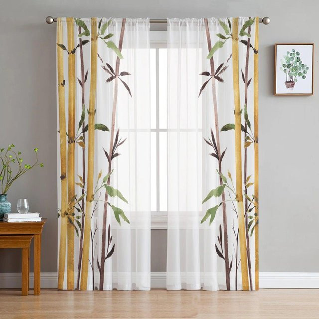Transparenter Chiffon-Tüllvorhang mit grünem Bambus-Zen-Print von Your Warm Home, Breite: 135 cm, Höhe: 114 cm - Bild 1