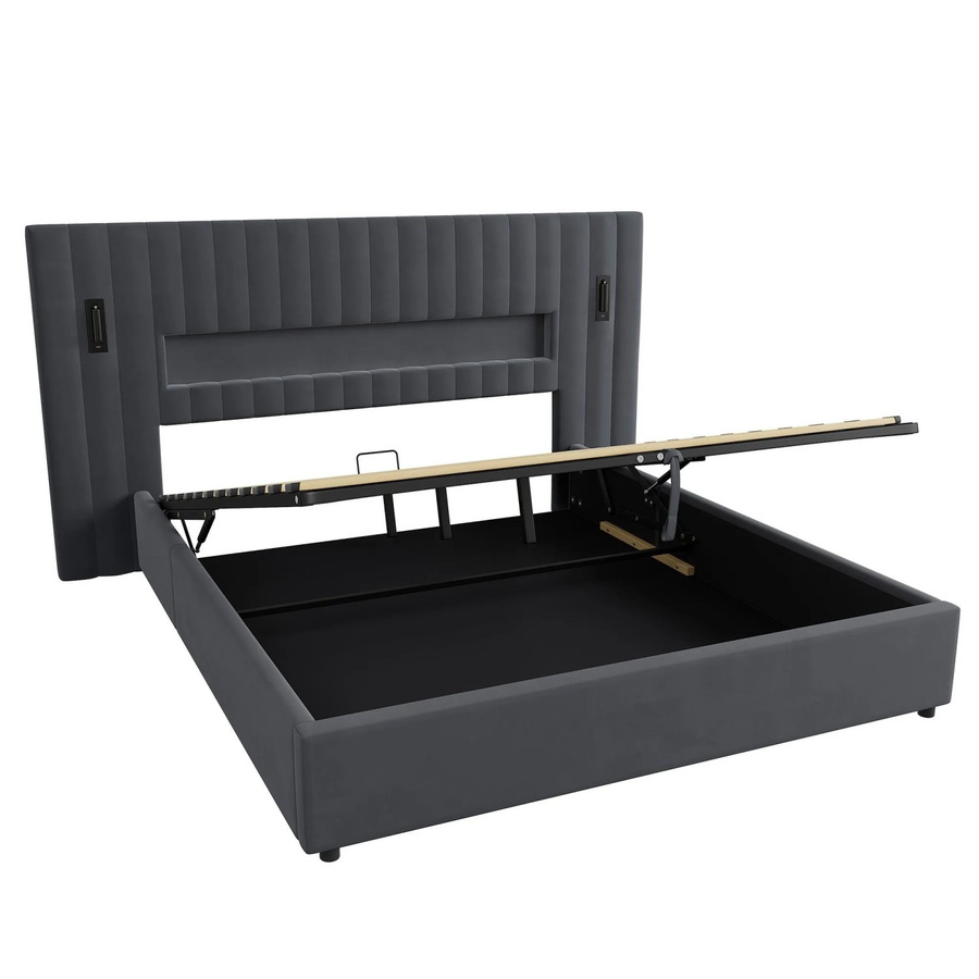 okwish Polsterbett mit Samtbezug und Polsterkopfteil in Grau, B/T/H: 180 x 200 x 233 cm mit USB-Ladeport, Leselicht und Bettunterbeleuchtung - Bild 2