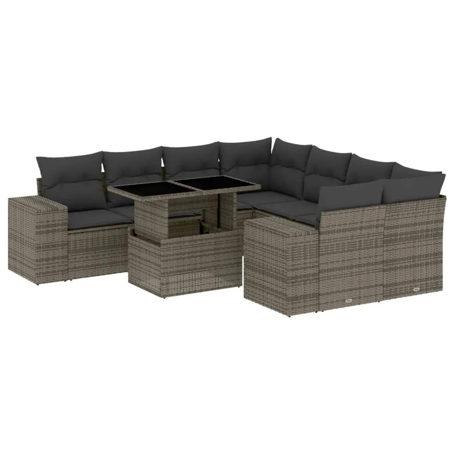 vidaXL 9-tlg Garten-Sofagarnitur in U-Form aus grauem PE-Rattan mit Kissen und pulverbeschichtetem Stahlgestell - Bild 2