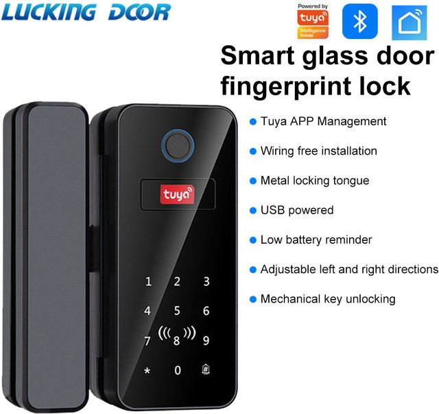 LUCKING DOOR Biometrisches Glastür-Fingerabdruckschloss in Schwarz mit Tuya App-Unterstützung, Bluetooth, IC RFID und Fernbedienung zur Entriegelung - Bild 1