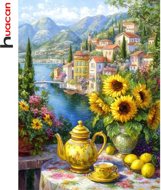 Huacan Landschafts-Diamantmalerei Komplettset mit floralem Mosaik-Design in Multicolour, Wanddekoration, B/H: 30,0 x 20,0 cm - Bild 1