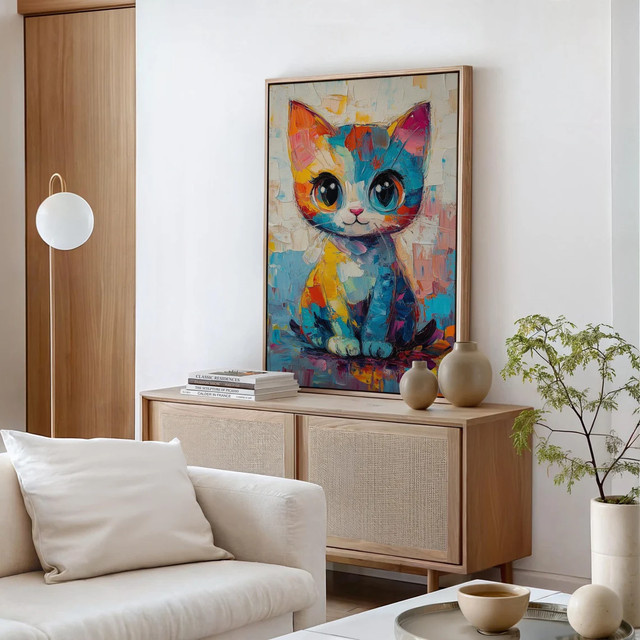 Vibrant Impasto Kitten Portrait Wandbild als abstrakter Kunstdruck in Mehrfarbig auf Leinwand - Bild 1
