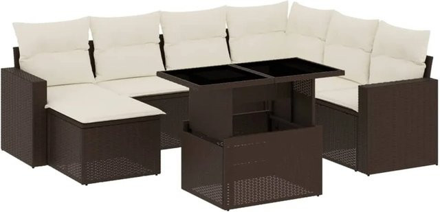 vidaXL 8-tlg Garten-Sofagarnitur in L-Form aus braunem Poly-Rattan mit Kissen und pulverbeschichtetem Stahlgestell - Bild 1