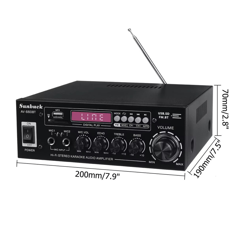 SUNBUCK AV-660BT 2.1 Soundverstärker in Schwarz mit EQ, FM, USB, SD-Karte und 2 Mikrofoneingängen - Bild 6
