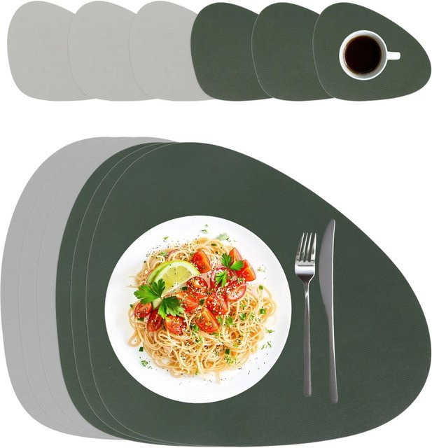 Relaxdays Platzdeckchen mit Untersetzern aus Kunstleder in Grau-Grün, 6er Set, B: 40,5 cm x T: 30 cm - Bild 1