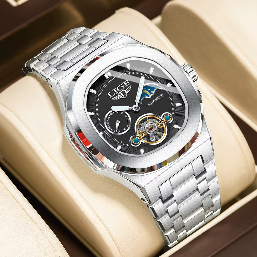 LIGE Armbanduhr Automatik, Mondphase, Edelstahl, Schwarz, Silber, Herren - Bild 2