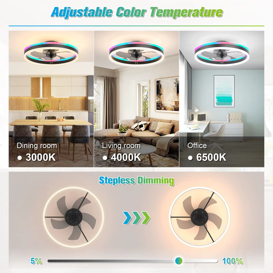 IRALAN RGB Deckenlampenventilator mit LED Licht und App-Steuerung, Weiß, 6-stufige Windgeschwindigkeit und unendliche Dimmung - Bild 3
