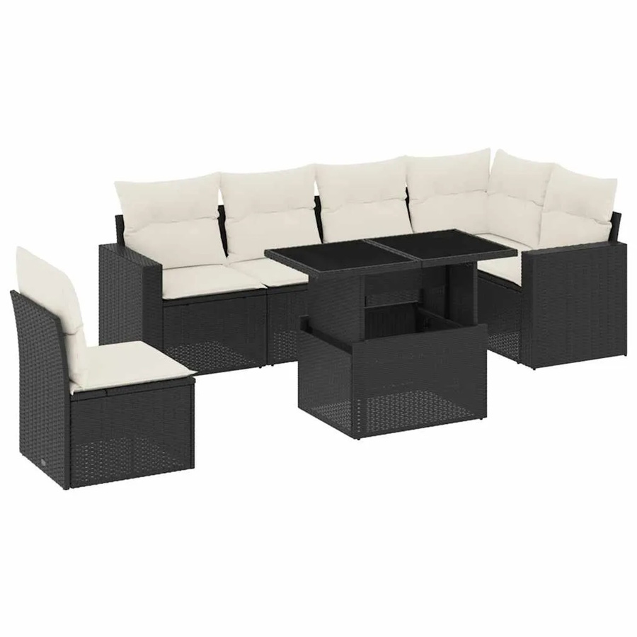 vidaXL 7-teilige Garten-Sofagarnitur aus Poly-Rattan mit Kissen in Schwarz-Creme - Bild 2