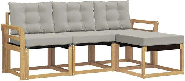 vidaXL Outdoor-Sofagarnitur 4-teilig in L-Form aus Akazienholz mit Textilene und Kissen in Weiß-Hellgrau - Bild 1