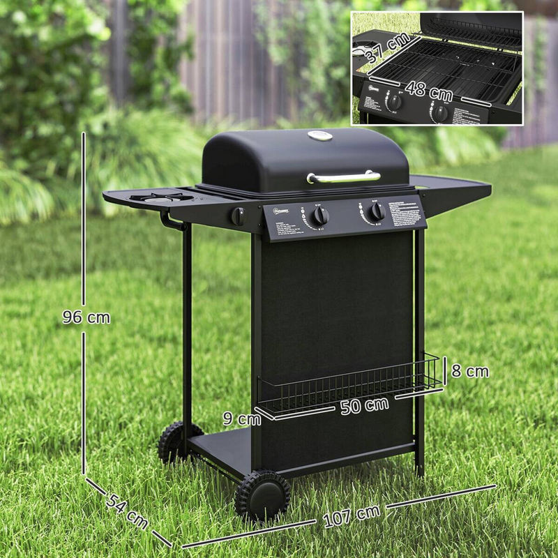 Outsunny Gasgrill mit 3 Brennern und Seitenkocher, BBQ Gartengrill mit 2 Heizzonen, Thermometer und Seitenablagen, B/H/L: 54 x 96 x 107 cm - Bild 2