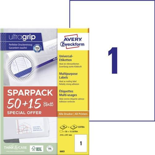 Avery Zweckform Universal-Etiketten ultragrip, Weiß, 65 Blatt, B: 21,0 cm, H: 29,7 cm - Bild 1