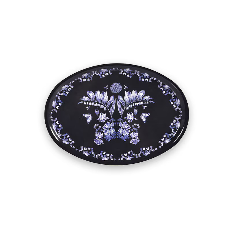 House of Aspvik Tablett aus Holz in Blau mit floralem Design, oval, Breite: 31 cm, Tiefe: 22 cm - Bild 1