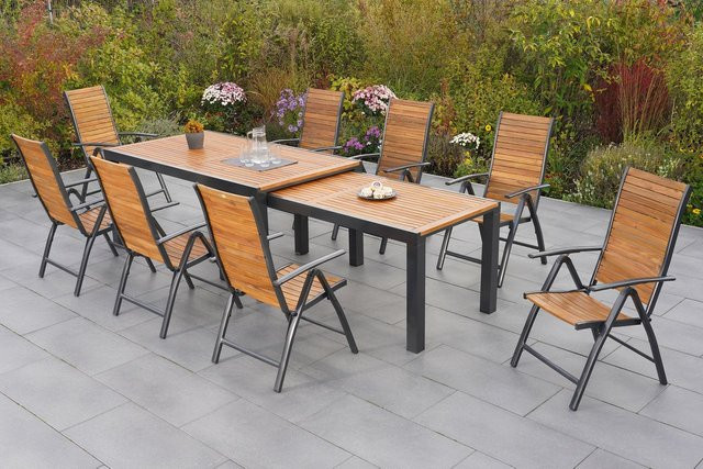 Merxx Gartenmöbelset Santorin 10-teilig aus Aluminium und Akazie in Braun mit ausziehbarem Tisch - Bild 1